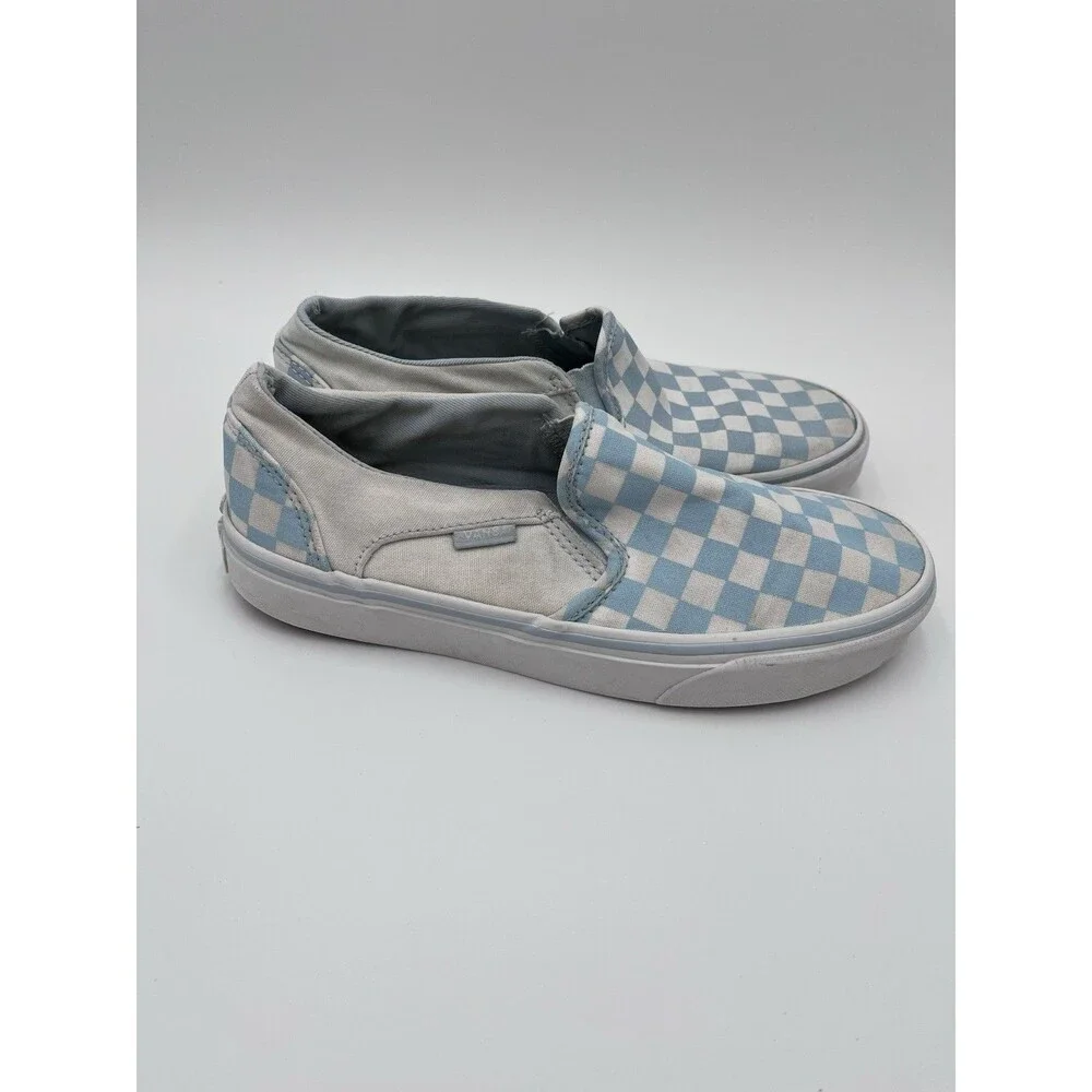 Vans Classic Women's Skate 7 Light Blue White Slip On Checkerboard Color Theory